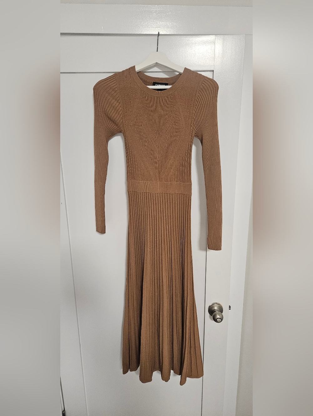 Express Ribbed Long Sleeve Knit Dress in Camel